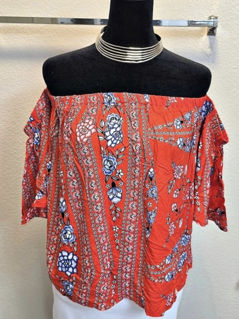 Floral Off-Shoulder Blouse in Red & Blue Like New